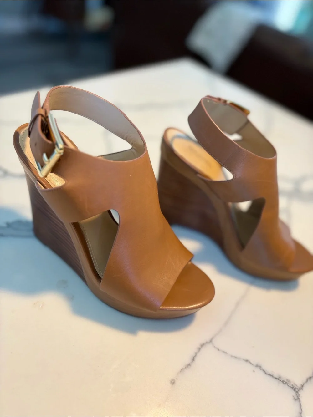 Michael Kors Tan Leather Platform Wedge Sandals with Gold Buckle